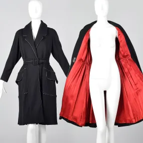 1950s Black Knit Trench Coat with Red Lining