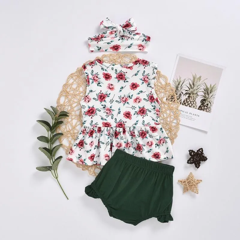 3-piece Floral Printed Dress & Shorts & Headband for Baby Girl