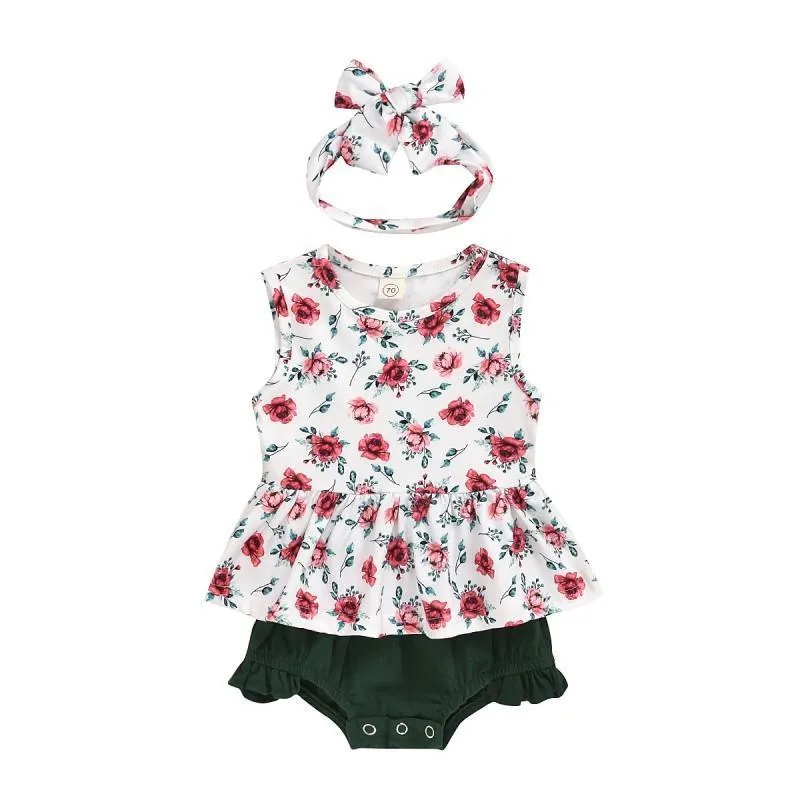 3-piece Floral Printed Dress & Shorts & Headband for Baby Girl