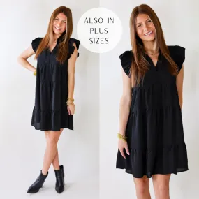 All Of A Sudden Ruffle Cap Sleeve Short Dress in Black