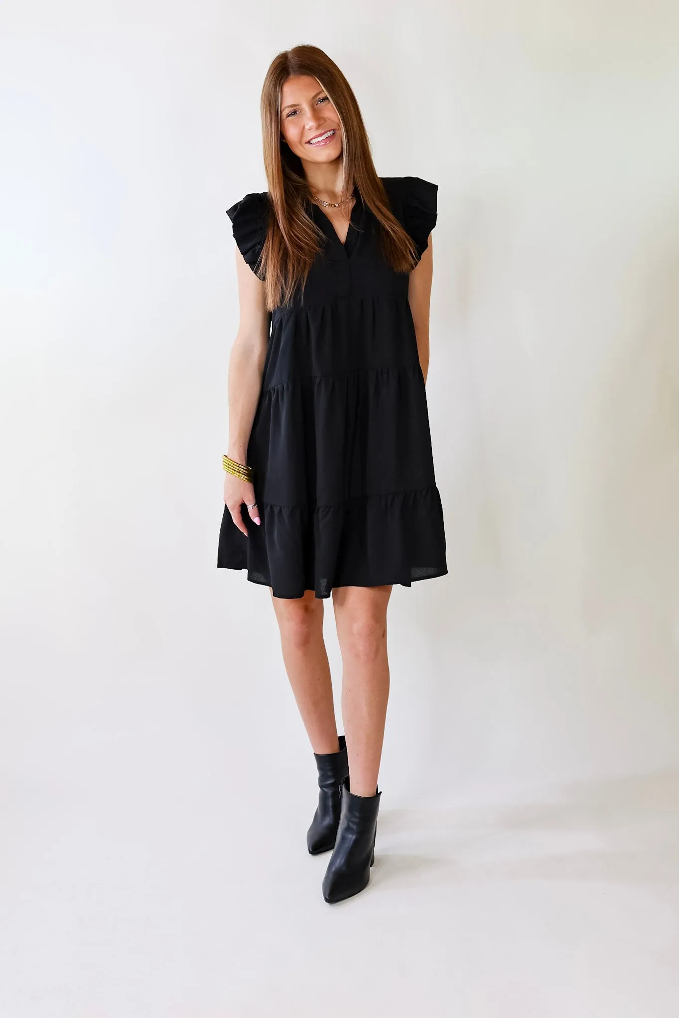 All Of A Sudden Ruffle Cap Sleeve Short Dress in Black