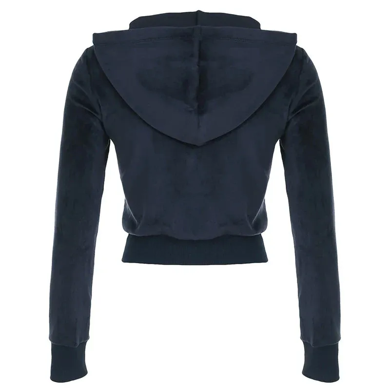 Amozae Women Y2K Dark Blue Velvet Coat Fall Winter Outwear Casual Minimalism Hooded Zipper Cropped Top Fashion Basic Outfits