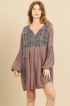 Animal Print Long Puff Sleeve Split Neck Babydoll Dress