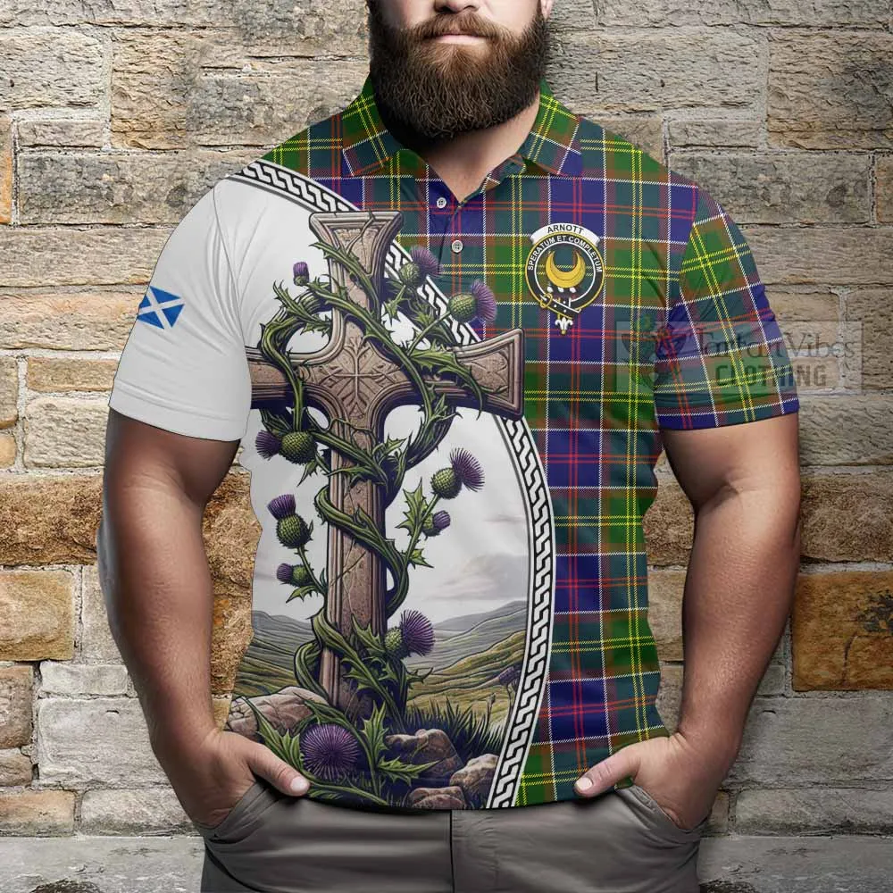 Arnott Tartan Polo Shirt with Family Crest and St. Andrew's Cross Accented by Thistle Vines