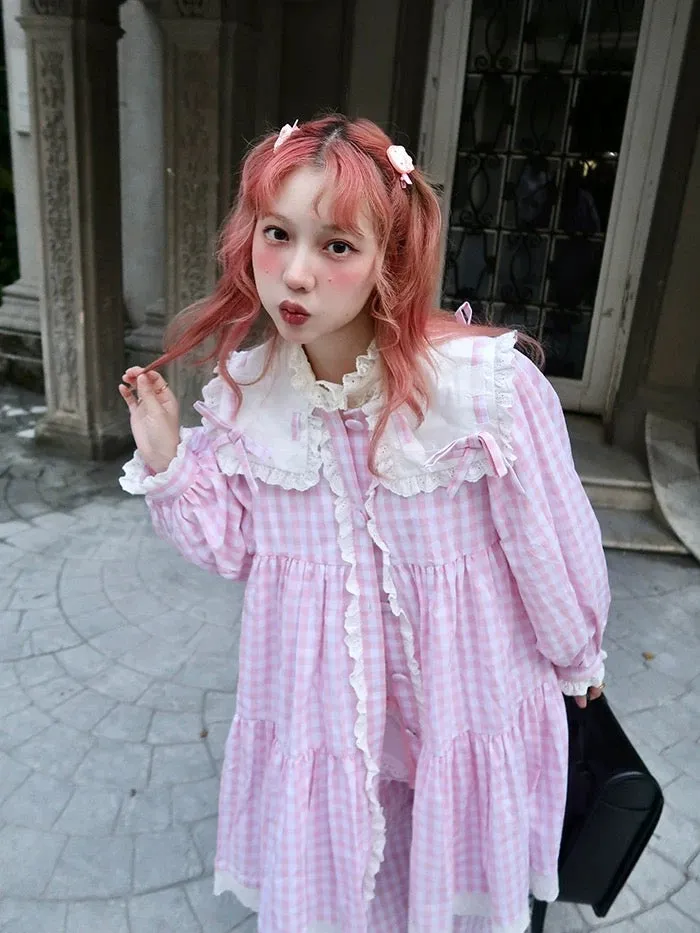 [August Unicorn] The Sailor Girl Gingham Babydoll Thin Coat