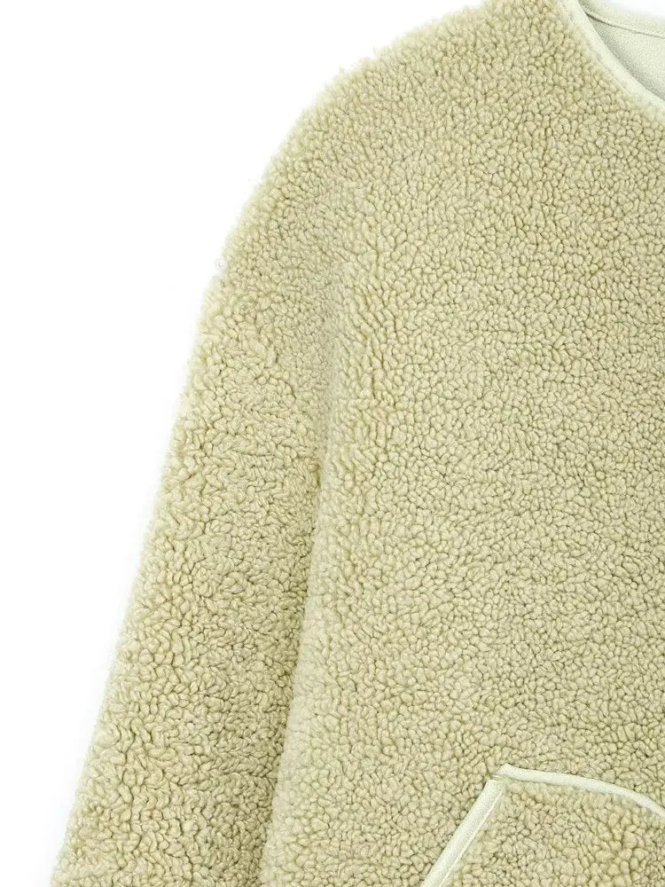 Autumn Winter Women Round Neck Lamb Wool Warm Loose Slimming Youthful Looking Fleece Jacket Coat