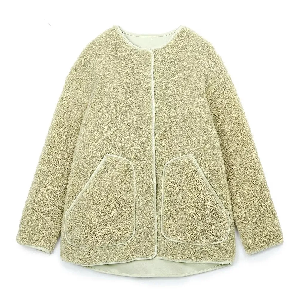 Autumn Winter Women Round Neck Lamb Wool Warm Loose Slimming Youthful Looking Fleece Jacket Coat