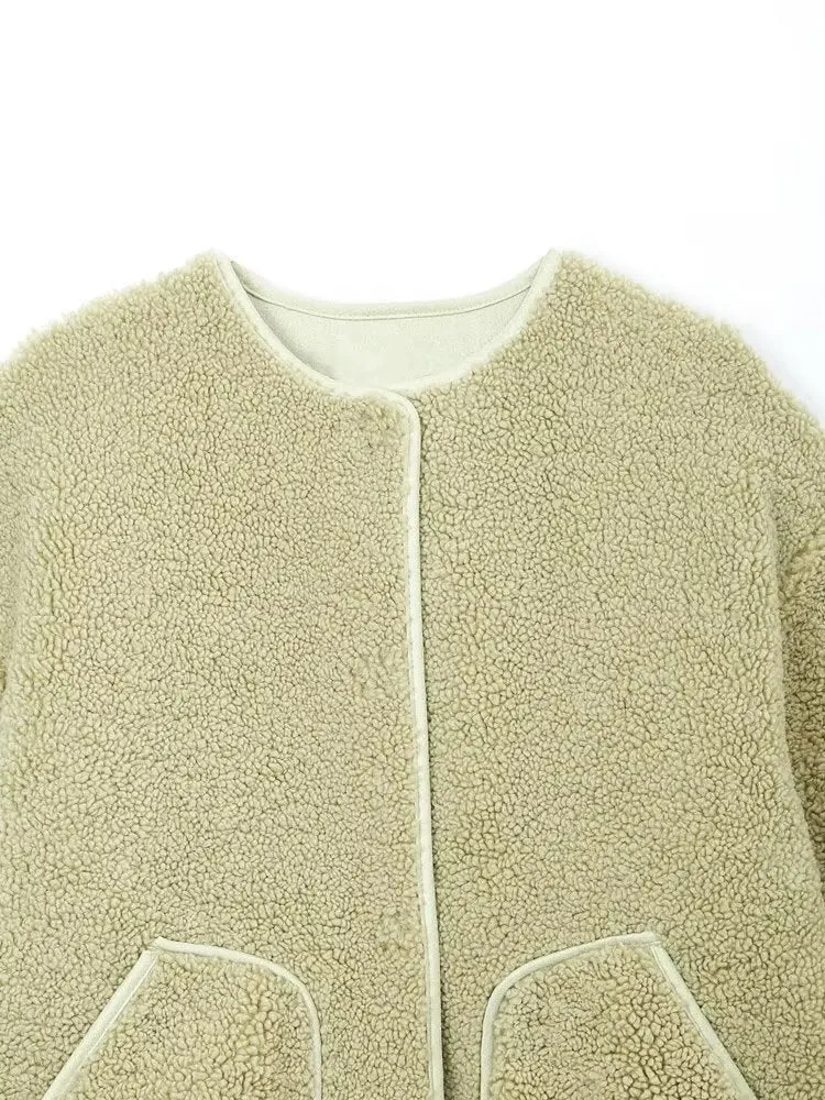 Autumn Winter Women Round Neck Lamb Wool Warm Loose Slimming Youthful Looking Fleece Jacket Coat