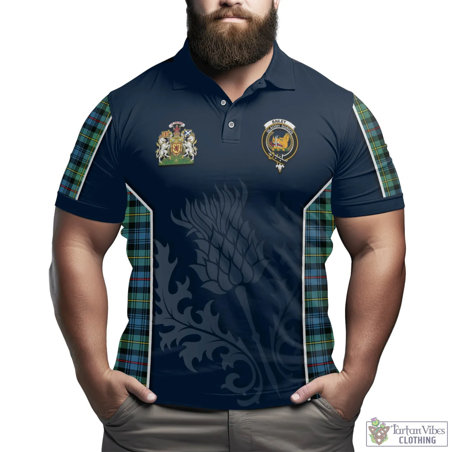 Bailey Ancient Tartan Men's Polo Shirt with Family Crest and Scottish Thistle Vibes Sport Style