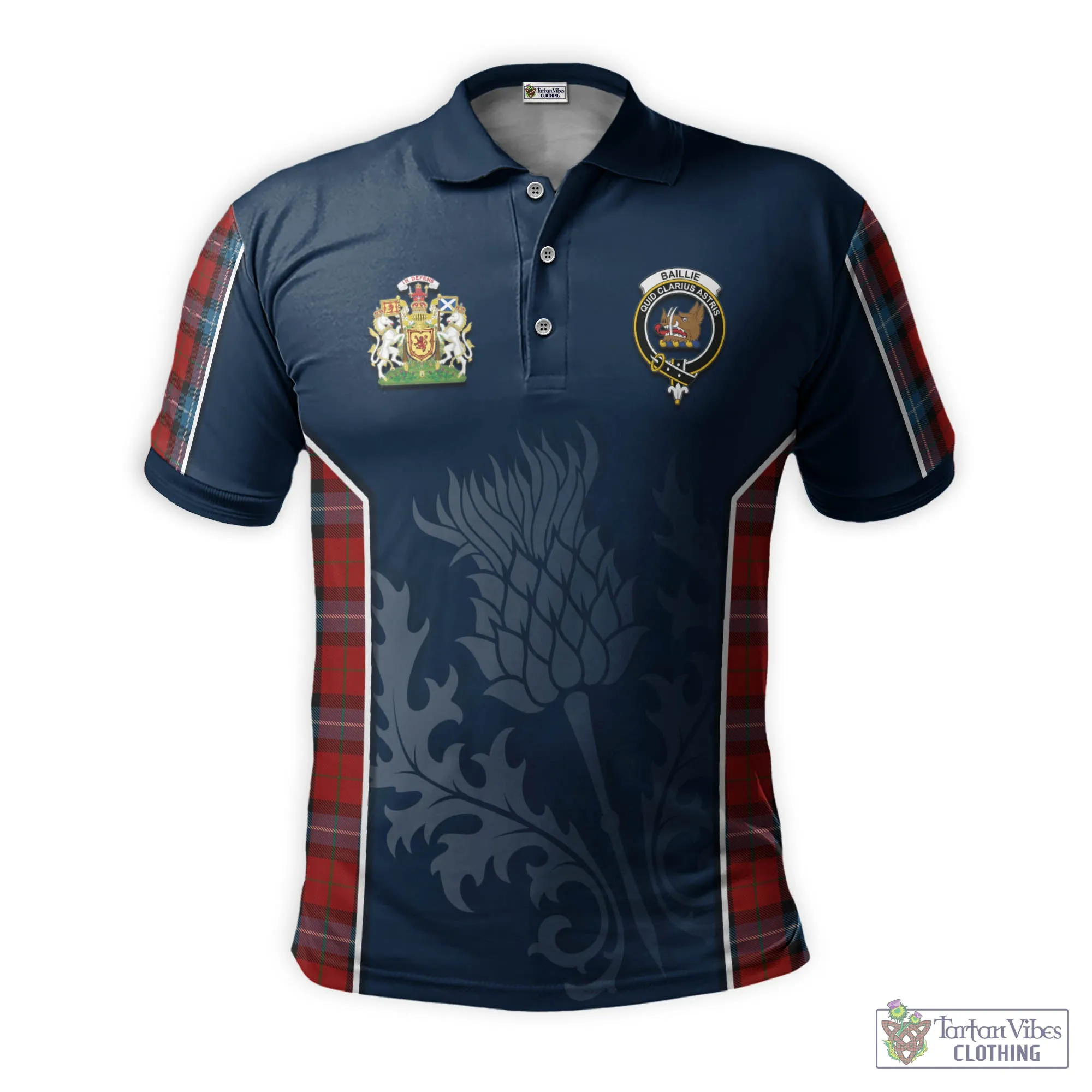 Baillie of Polkemmet Red Tartan Men's Polo Shirt with Family Crest and Scottish Thistle Vibes Sport Style