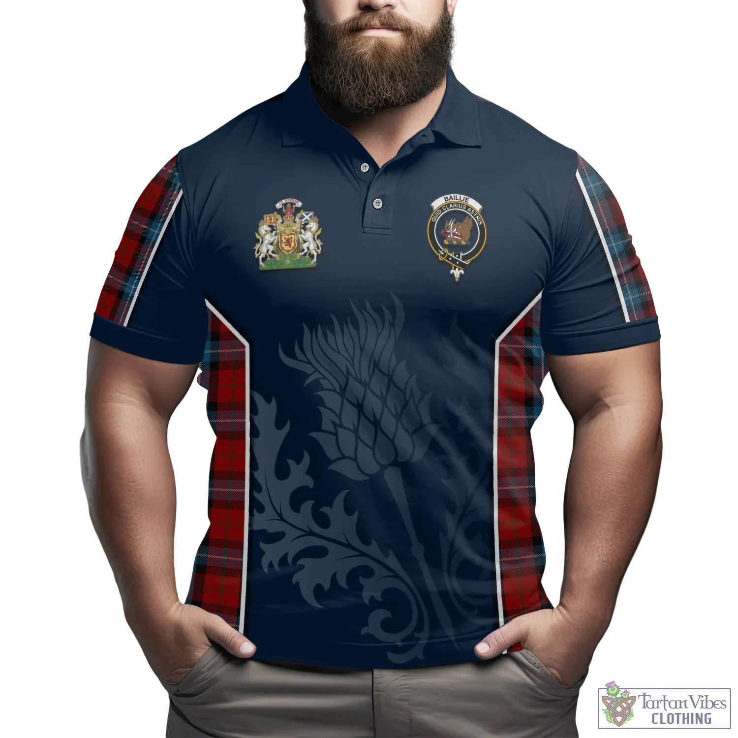 Baillie of Polkemmet Red Tartan Men's Polo Shirt with Family Crest and Scottish Thistle Vibes Sport Style