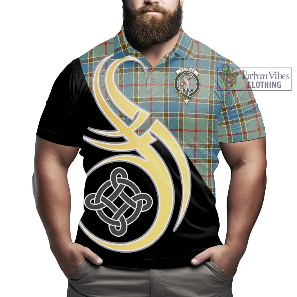 Balfour Blue Tartan Polo Shirt with Family Crest and Celtic Symbol Style