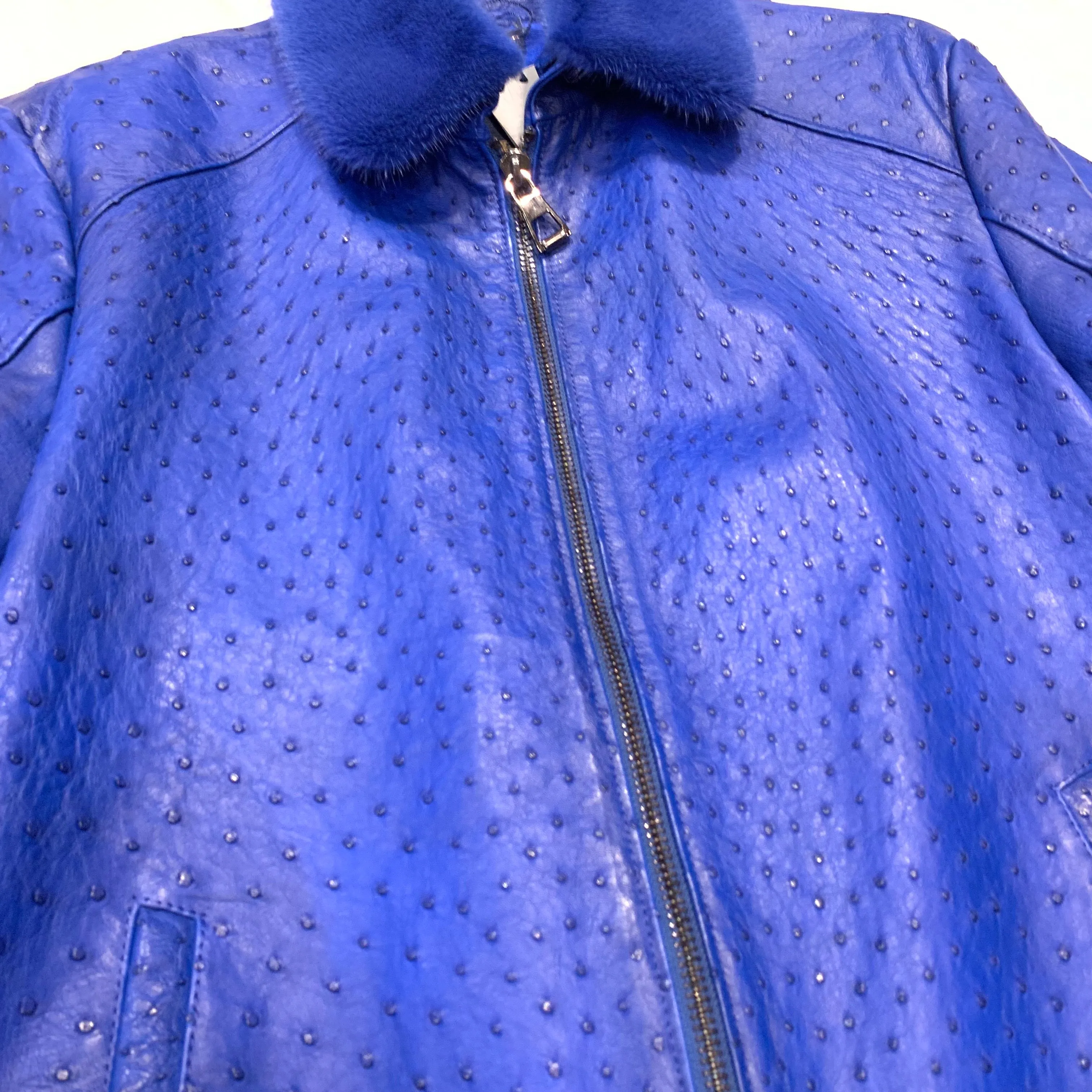 Barya NewYork Royal Blue Full Ostrich Quill/Mink Collar Bomber Jacket