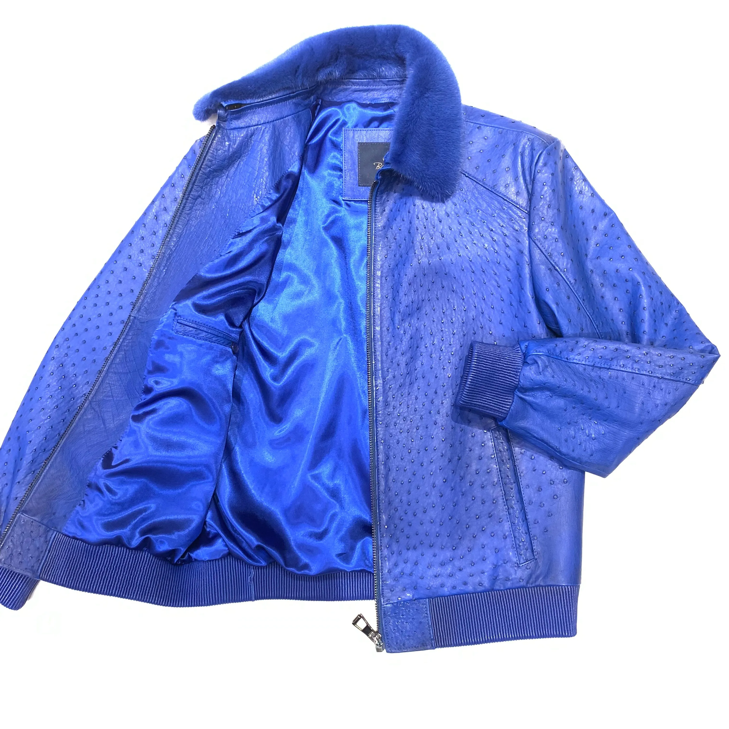 Barya NewYork Royal Blue Full Ostrich Quill/Mink Collar Bomber Jacket