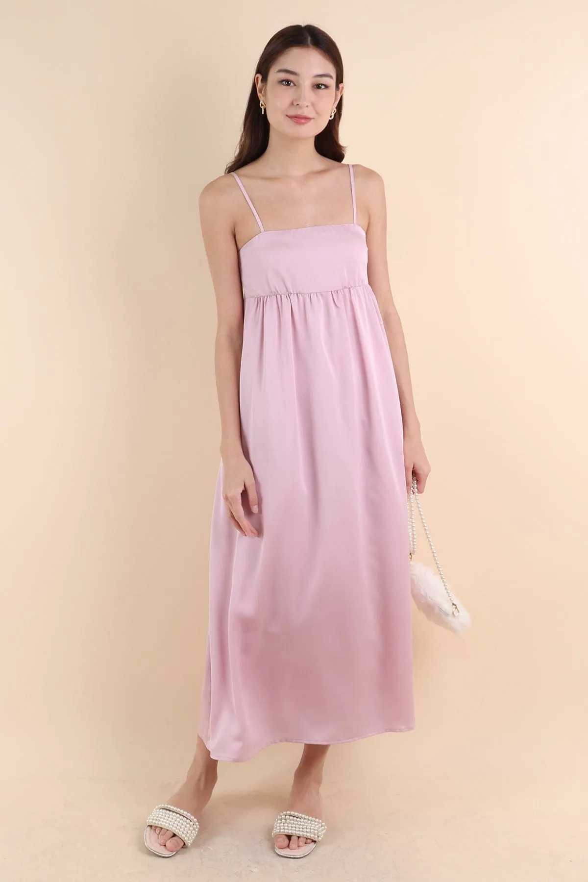 BELLA BABYDOLL SATIN MAXI DRESS IN PINK