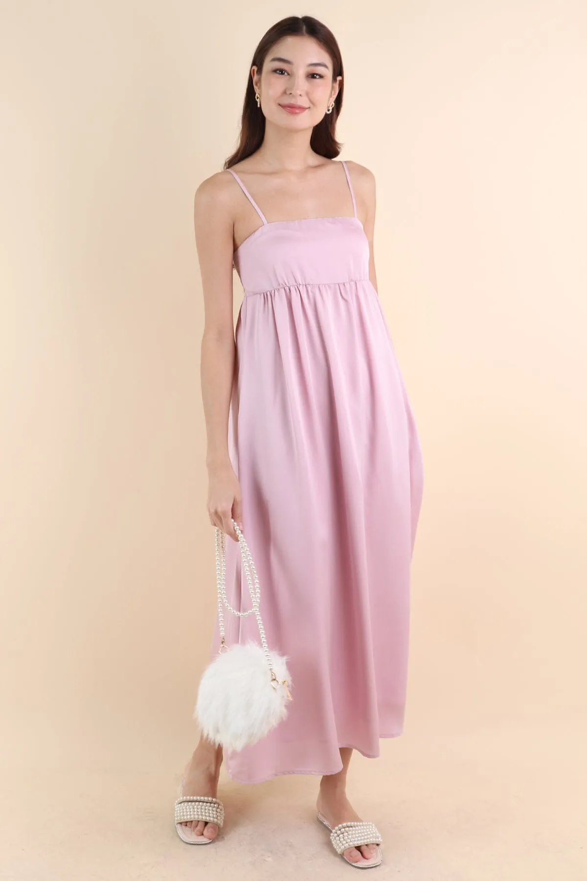 BELLA BABYDOLL SATIN MAXI DRESS IN PINK