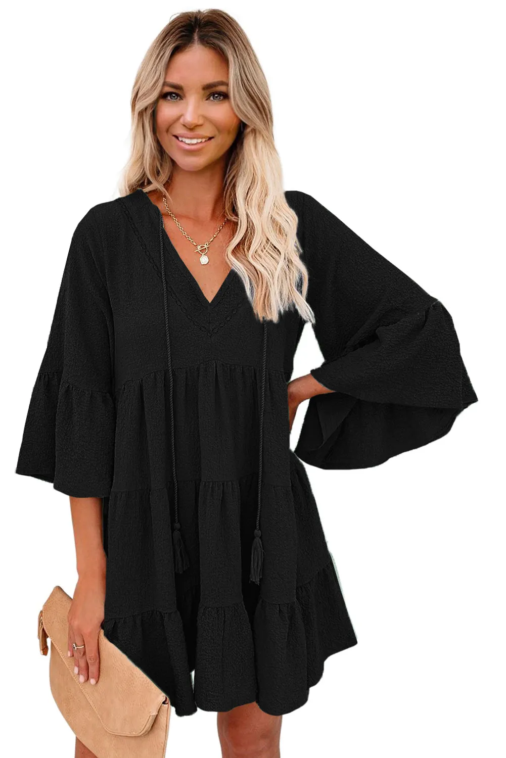 Black Batwing Sleeve Tunic Babydoll Dress