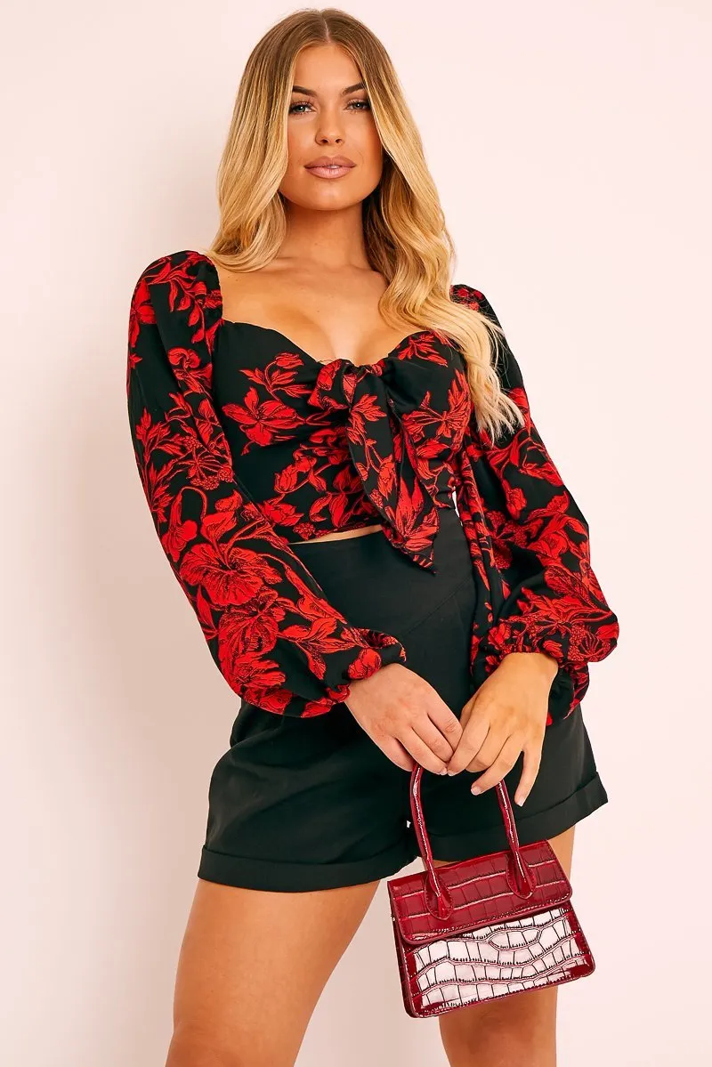 Black Red Floral Milkmaid Crop Top - Eyra