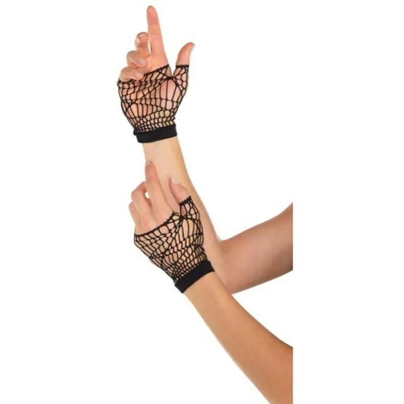 Black short web net fingerless gloves for adults