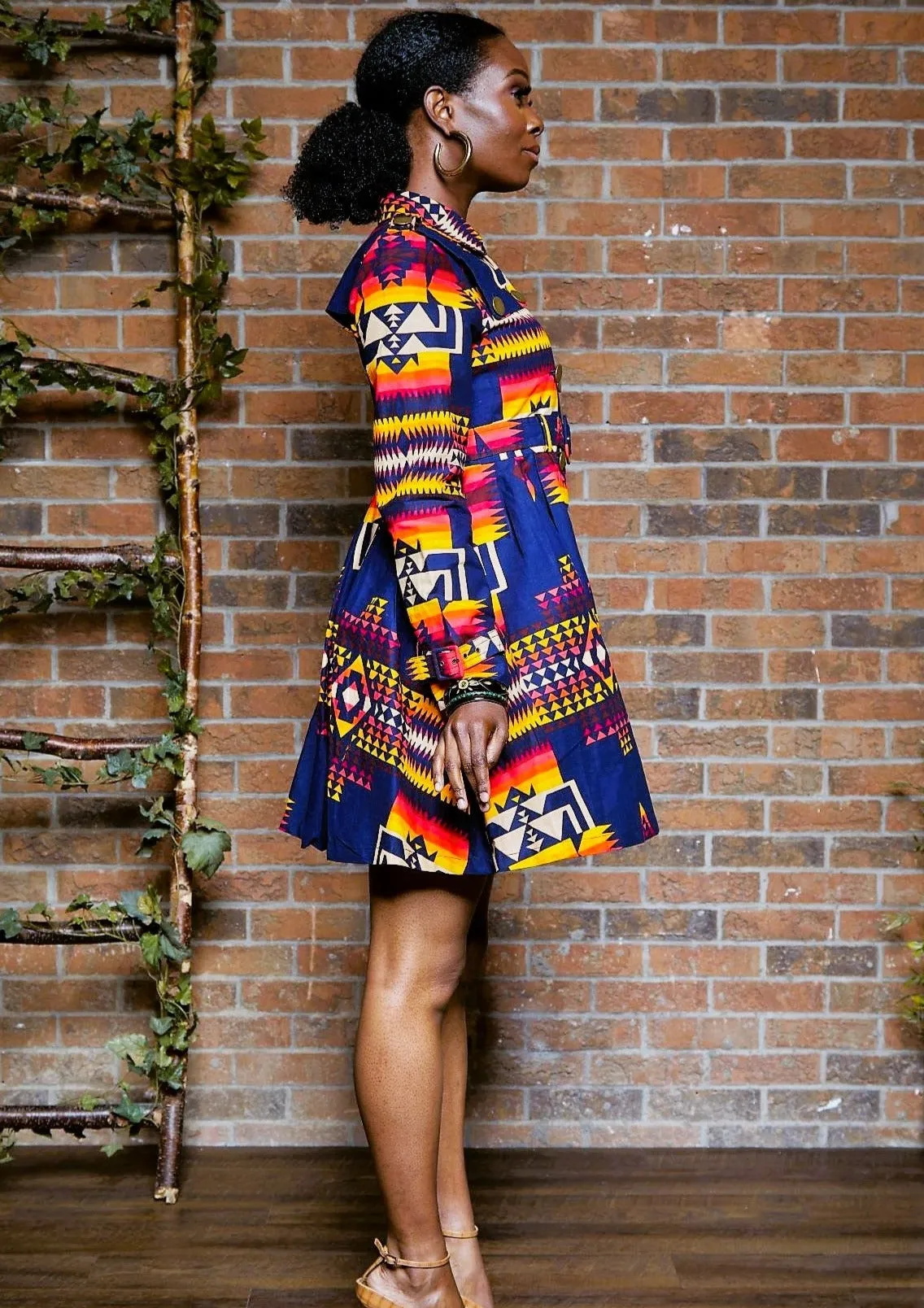 BLUE TRIBAL PRINT TRENCH COAT DRESS