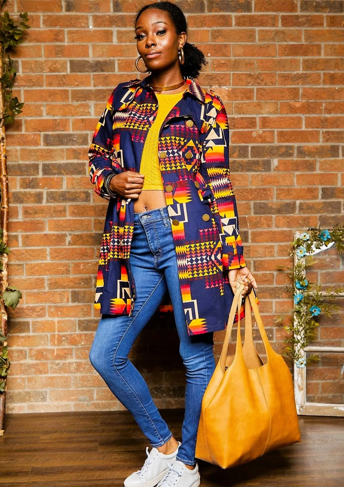 BLUE TRIBAL PRINT TRENCH COAT DRESS