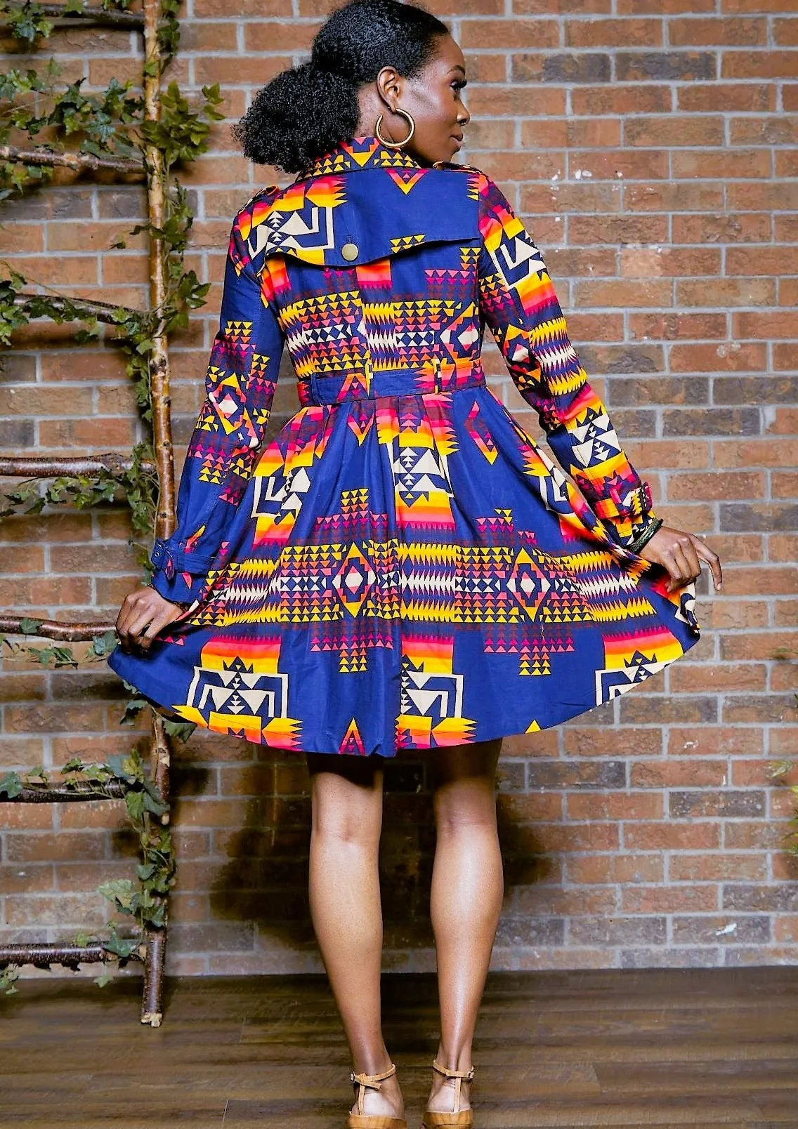 BLUE TRIBAL PRINT TRENCH COAT DRESS