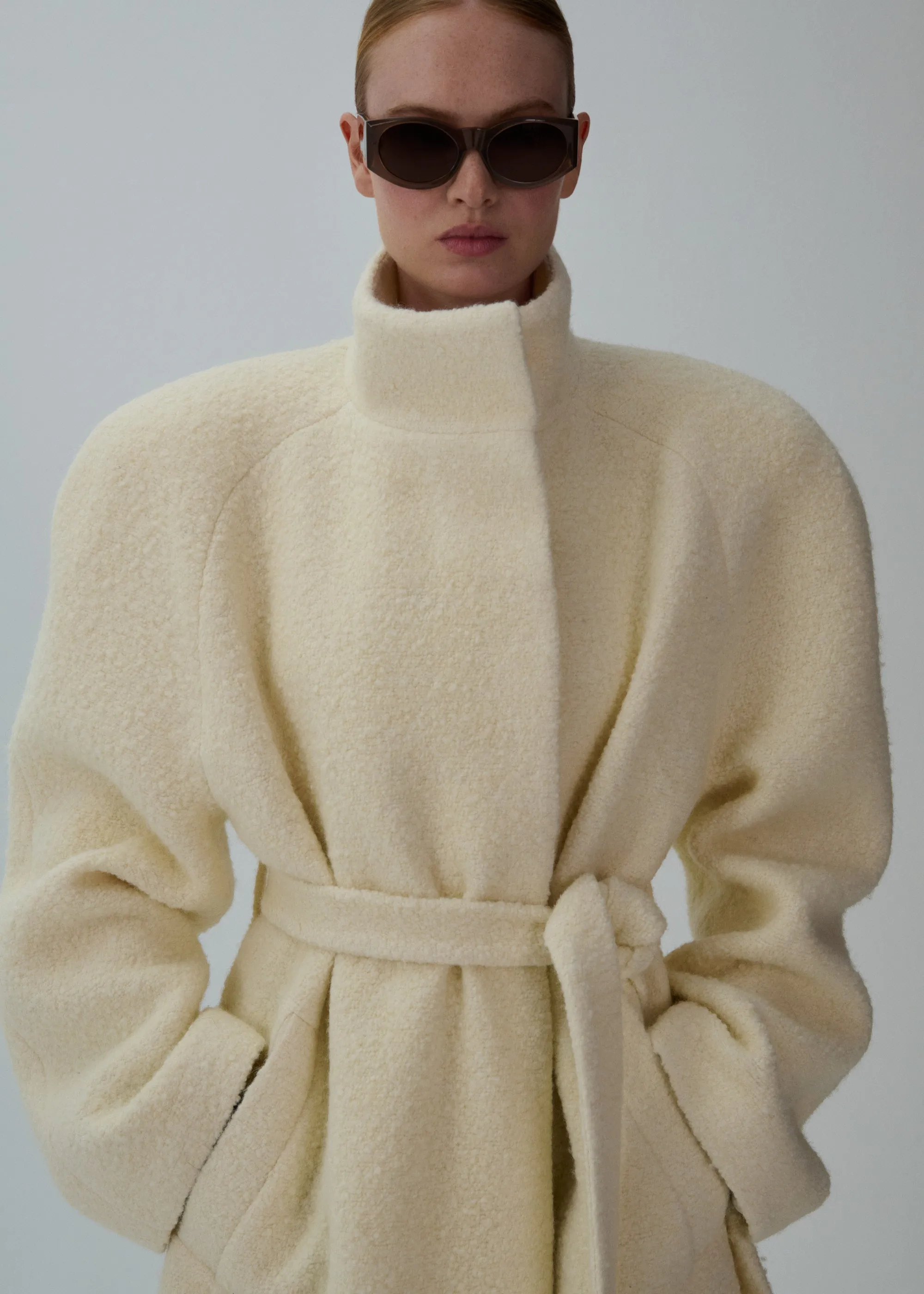 Bouclé high-neck wrap coat in cream