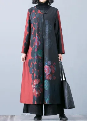 boutique oversized red maxi coat fall trench coats prints o neck Chinese Button outwear