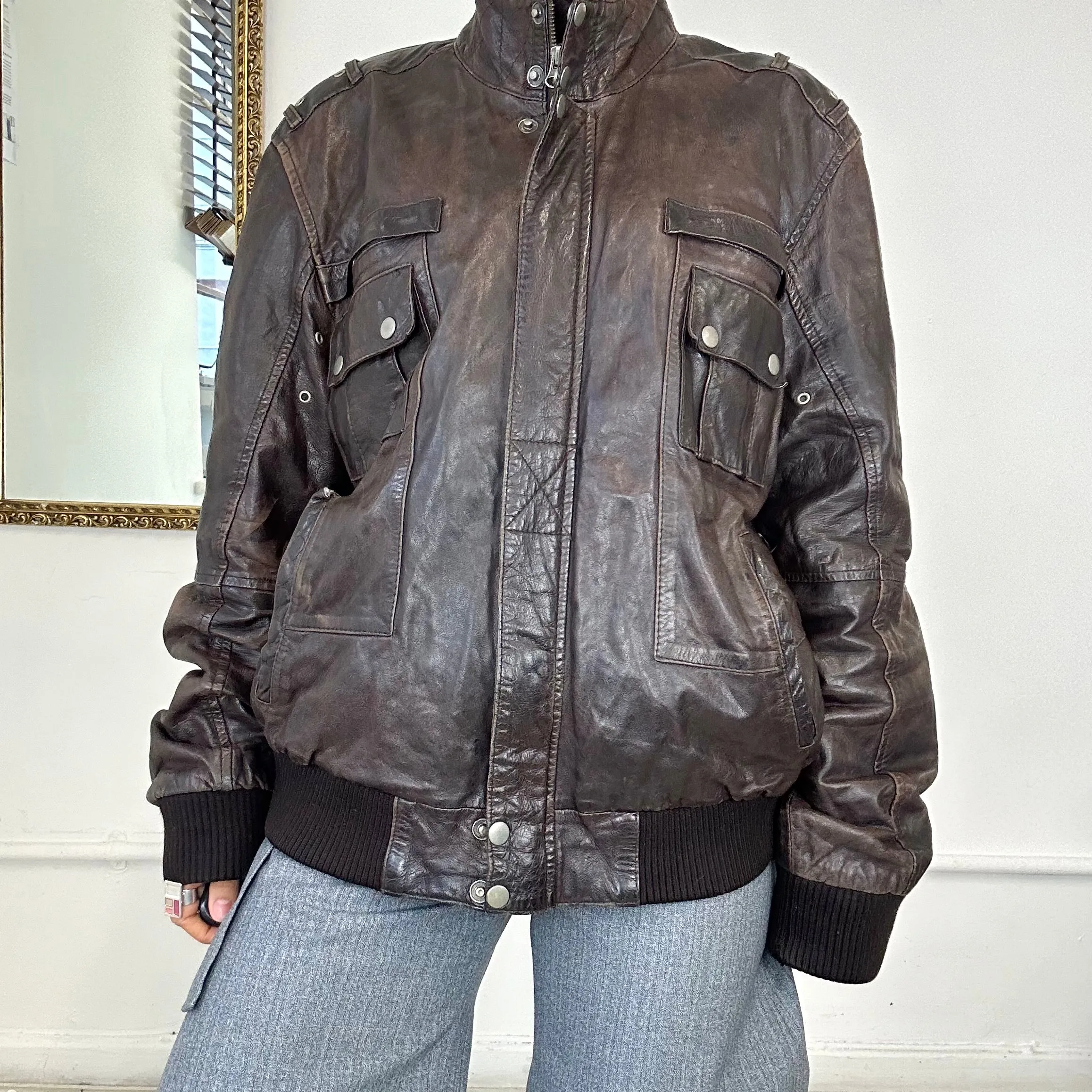 brown leather bomber jacket