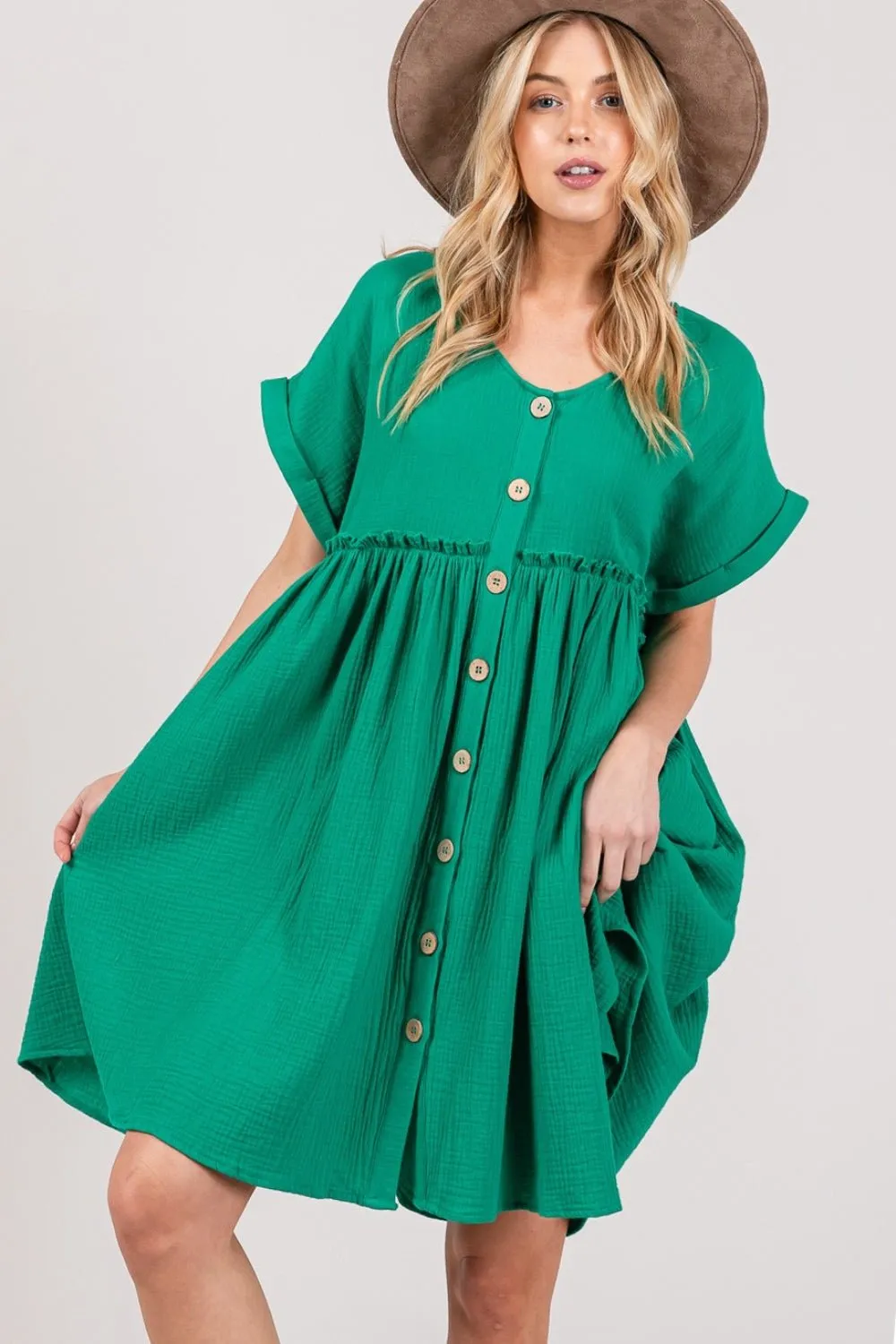 Button Up Short Sleeve Mini Dress in Kelly Green