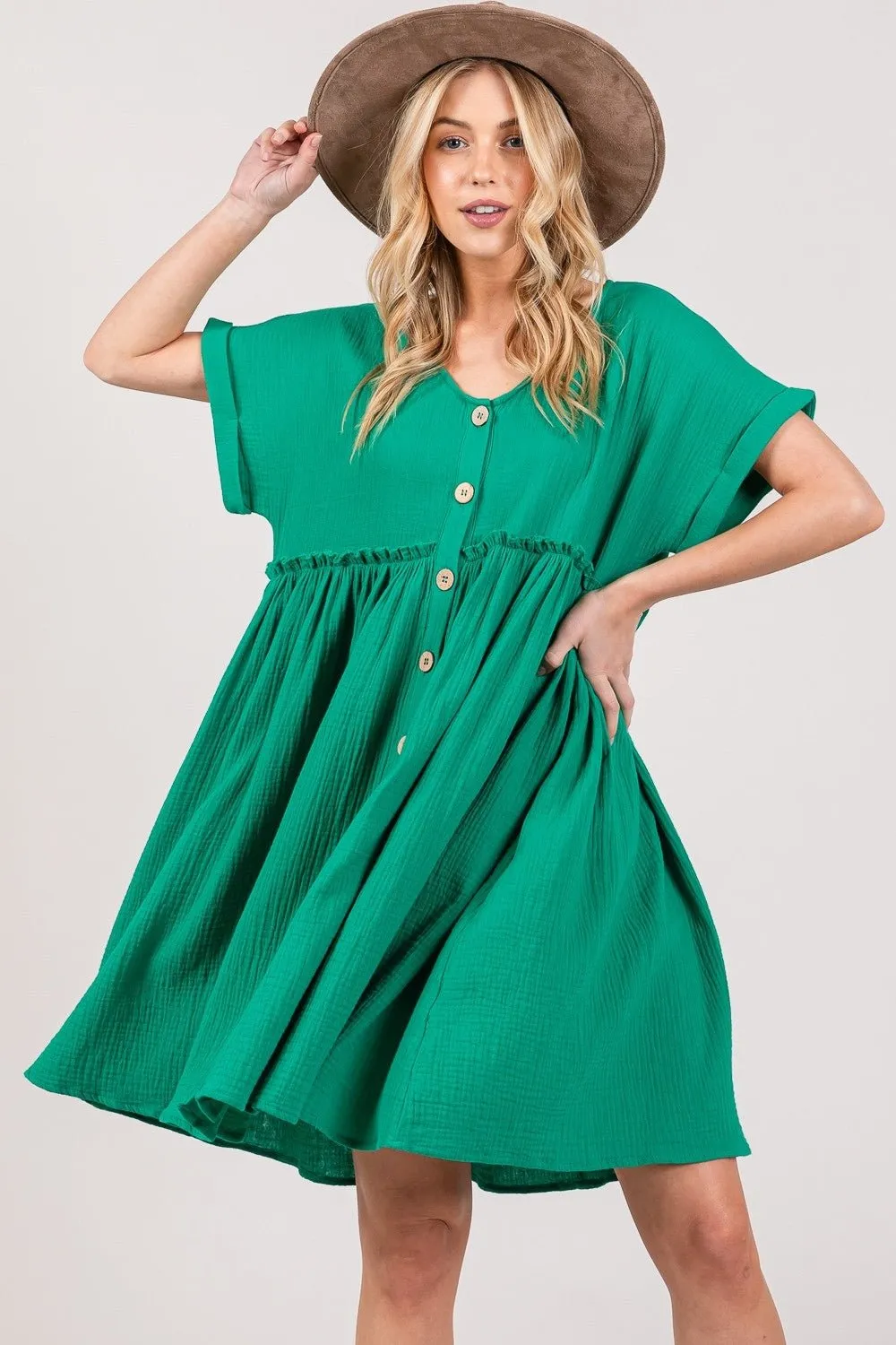 Button Up Short Sleeve Mini Dress in Kelly Green