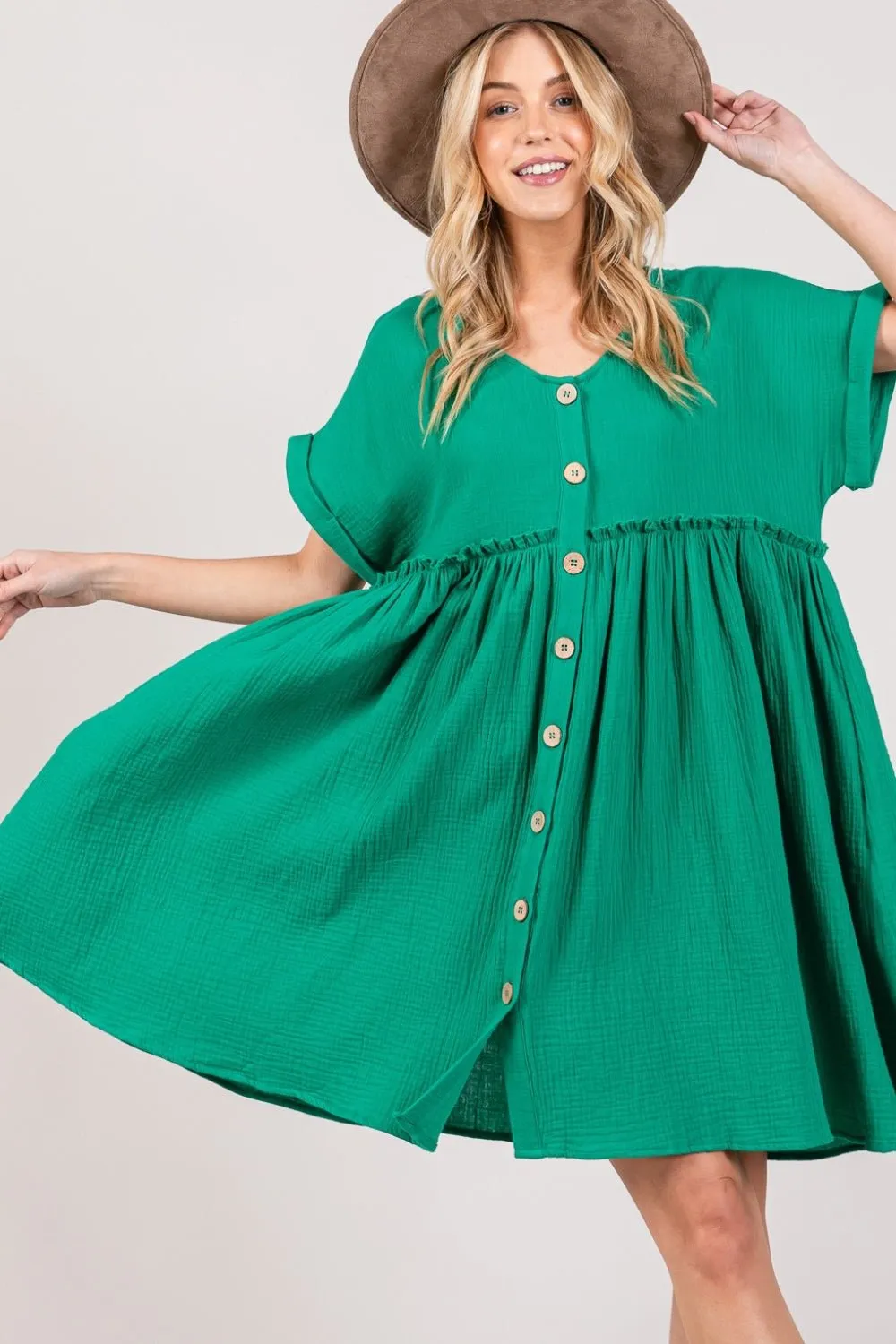 Button Up Short Sleeve Mini Dress in Kelly Green