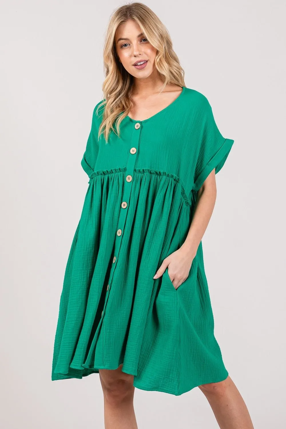 Button Up Short Sleeve Mini Dress in Kelly Green