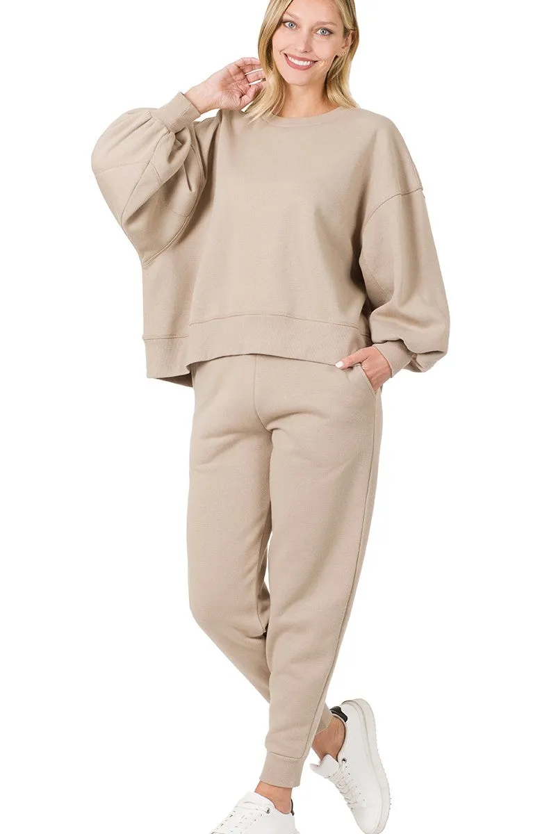 Café au Lait Balloon Sleeves Sweatshirt and Jogger Set