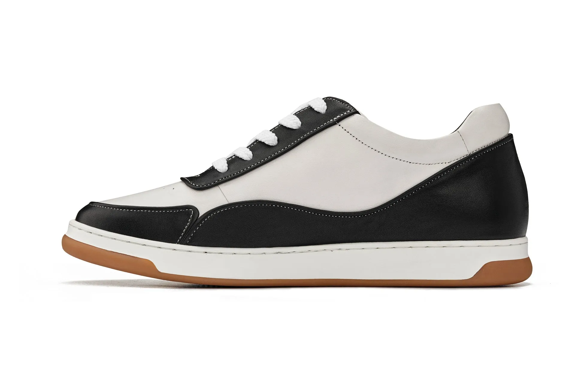 CALTO - Y7884 - 2.6 Inches Taller (Black/White/White & Gum Sole) - Elevated Leather Sneakers