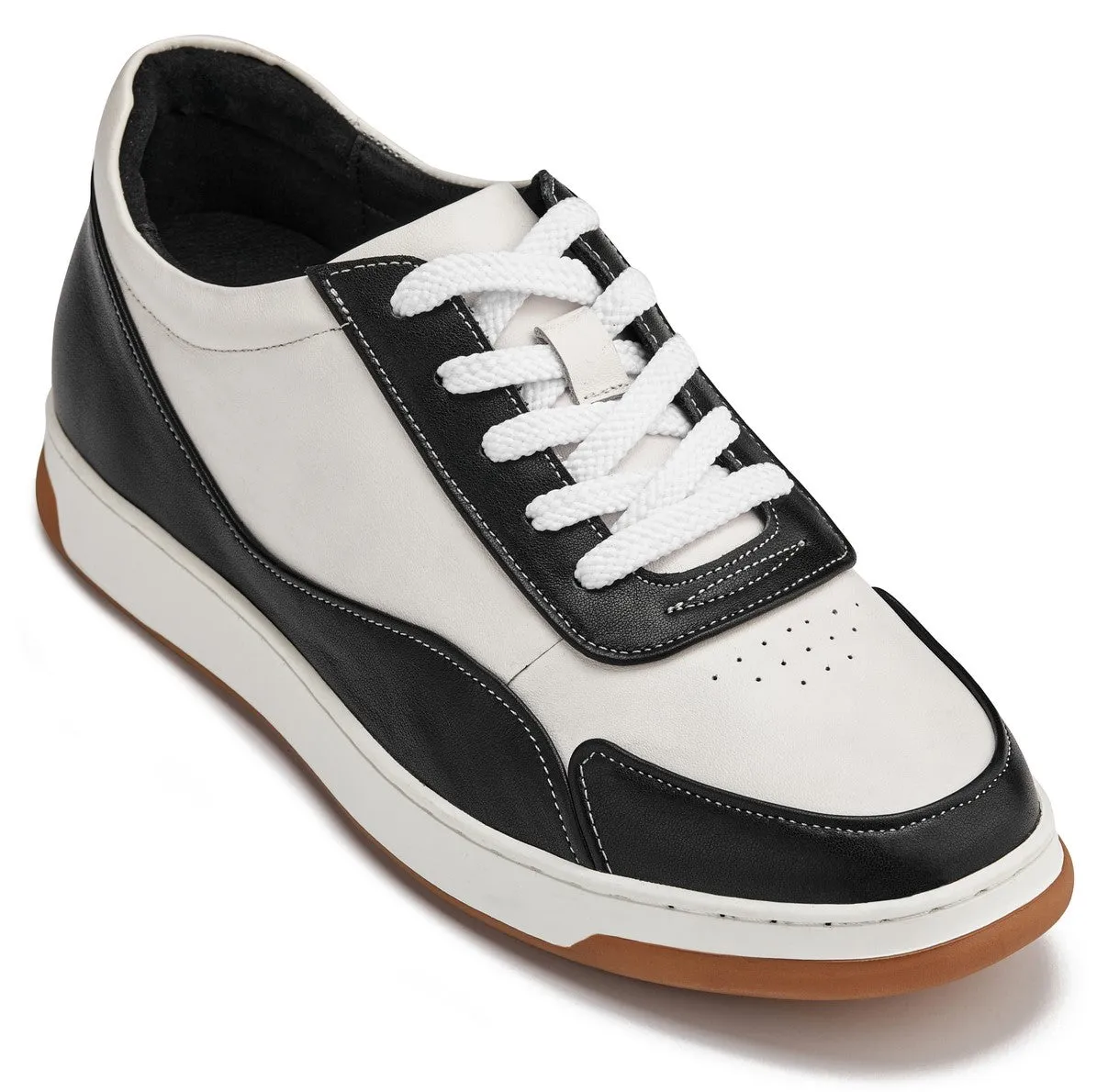 CALTO - Y7884 - 2.6 Inches Taller (Black/White/White & Gum Sole) - Elevated Leather Sneakers