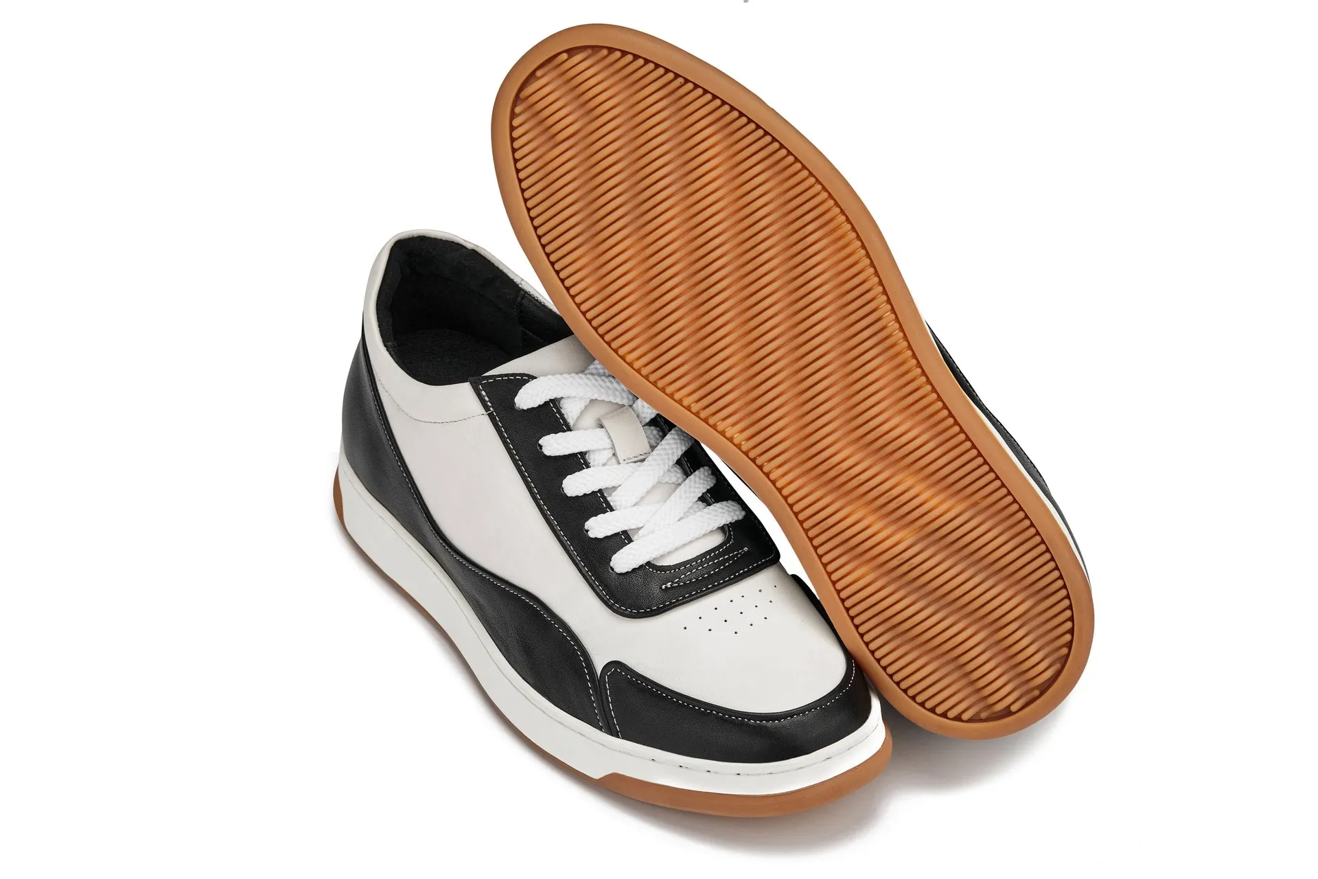 CALTO - Y7884 - 2.6 Inches Taller (Black/White/White & Gum Sole) - Elevated Leather Sneakers