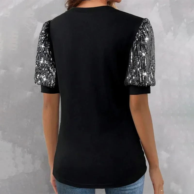 Casual Women's Summer Short Sleeve V-neck Sequin Tops