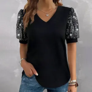 Casual Women's Summer Short Sleeve V-neck Sequin Tops