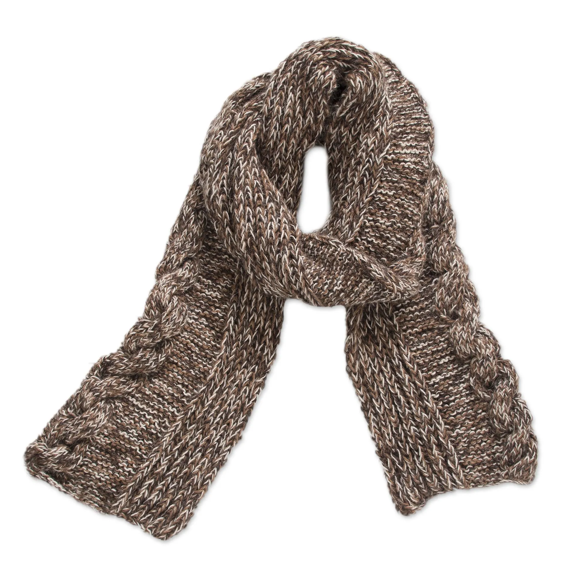 Chocolate River Brown and White 100% Alpaca Hand Knit Cable Stitch Scarf