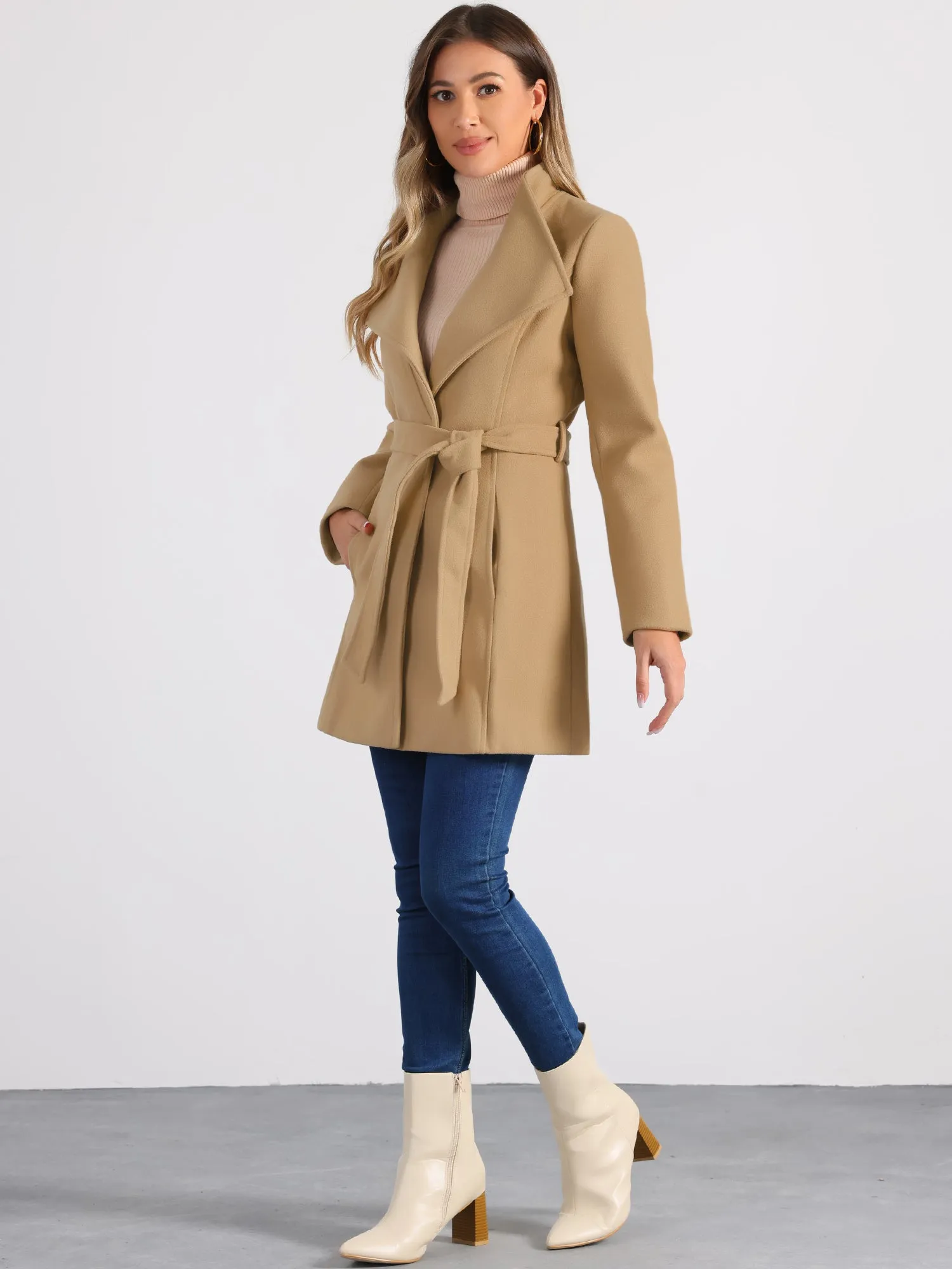 Classic Stand Collar Long Sleeve Winter Belted Coat