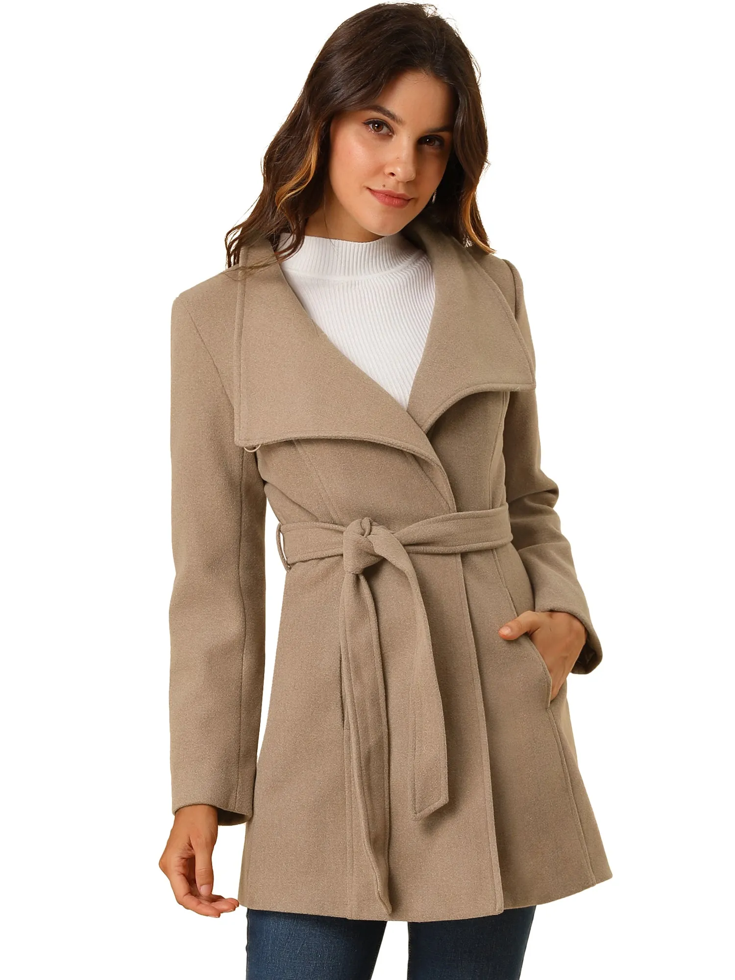 Classic Stand Collar Long Sleeve Winter Belted Coat