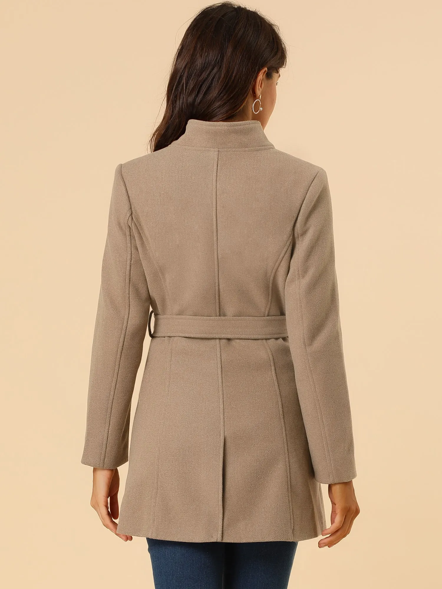 Classic Stand Collar Long Sleeve Winter Belted Coat