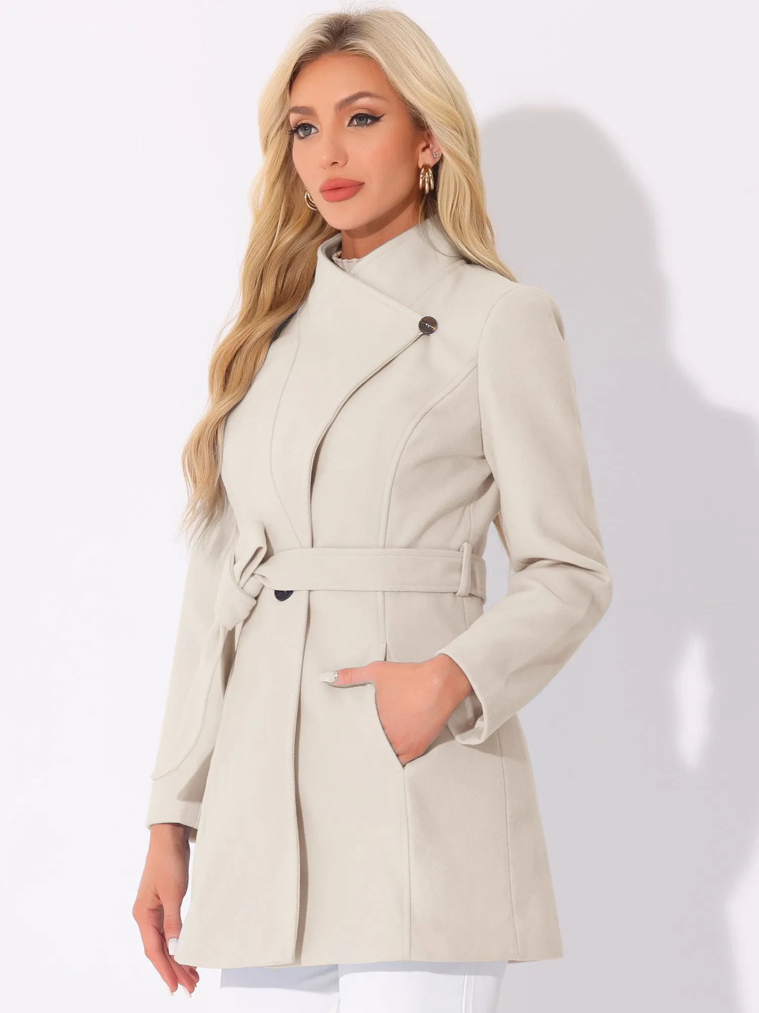 Classic Stand Collar Long Sleeve Winter Belted Coat