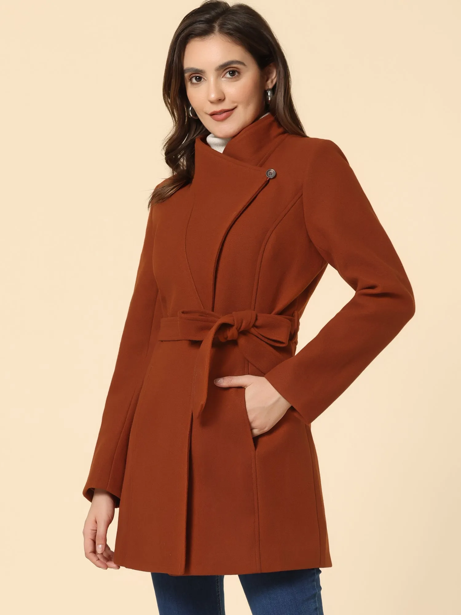 Classic Stand Collar Long Sleeve Winter Belted Coat