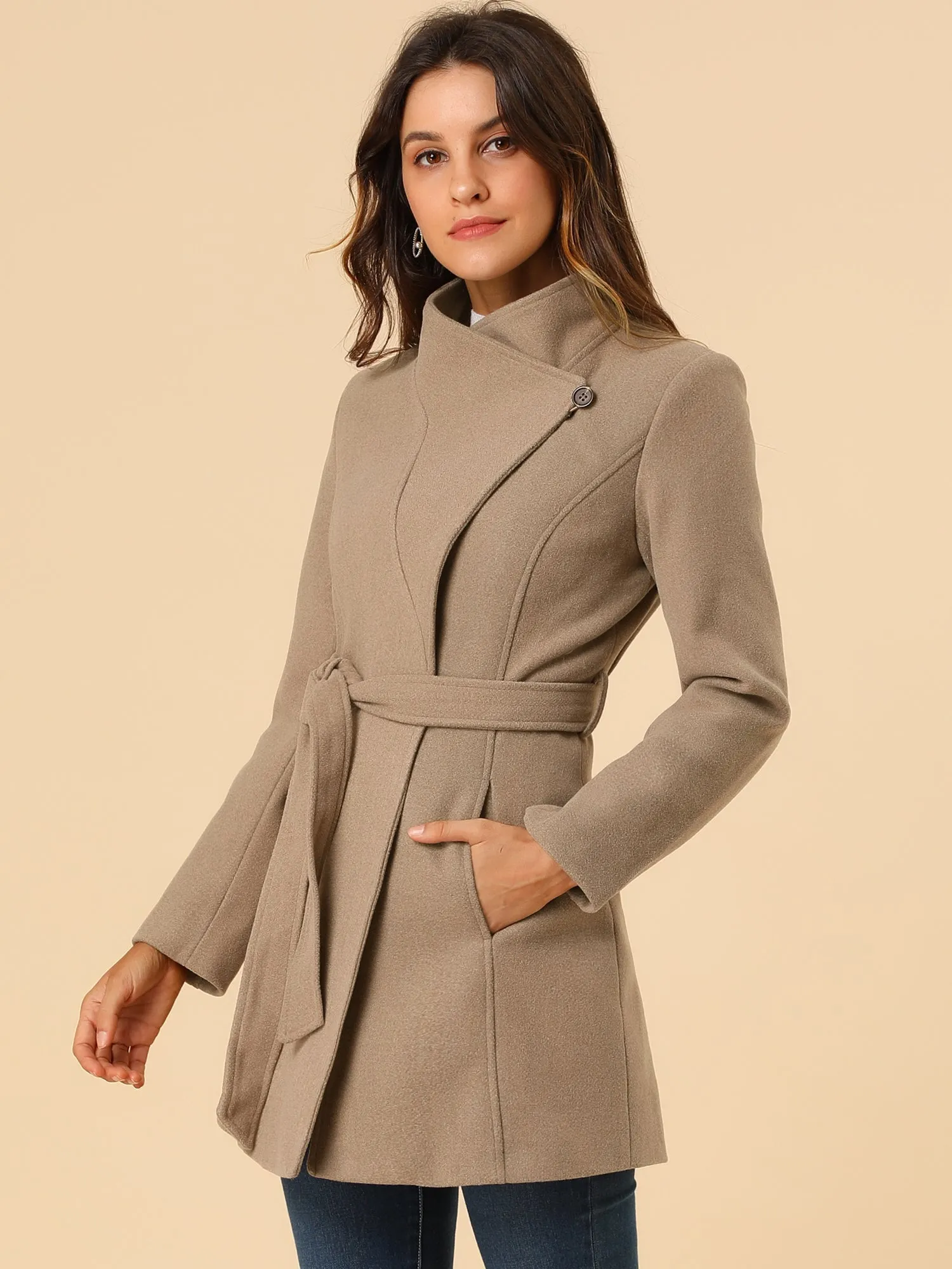 Classic Stand Collar Long Sleeve Winter Belted Coat