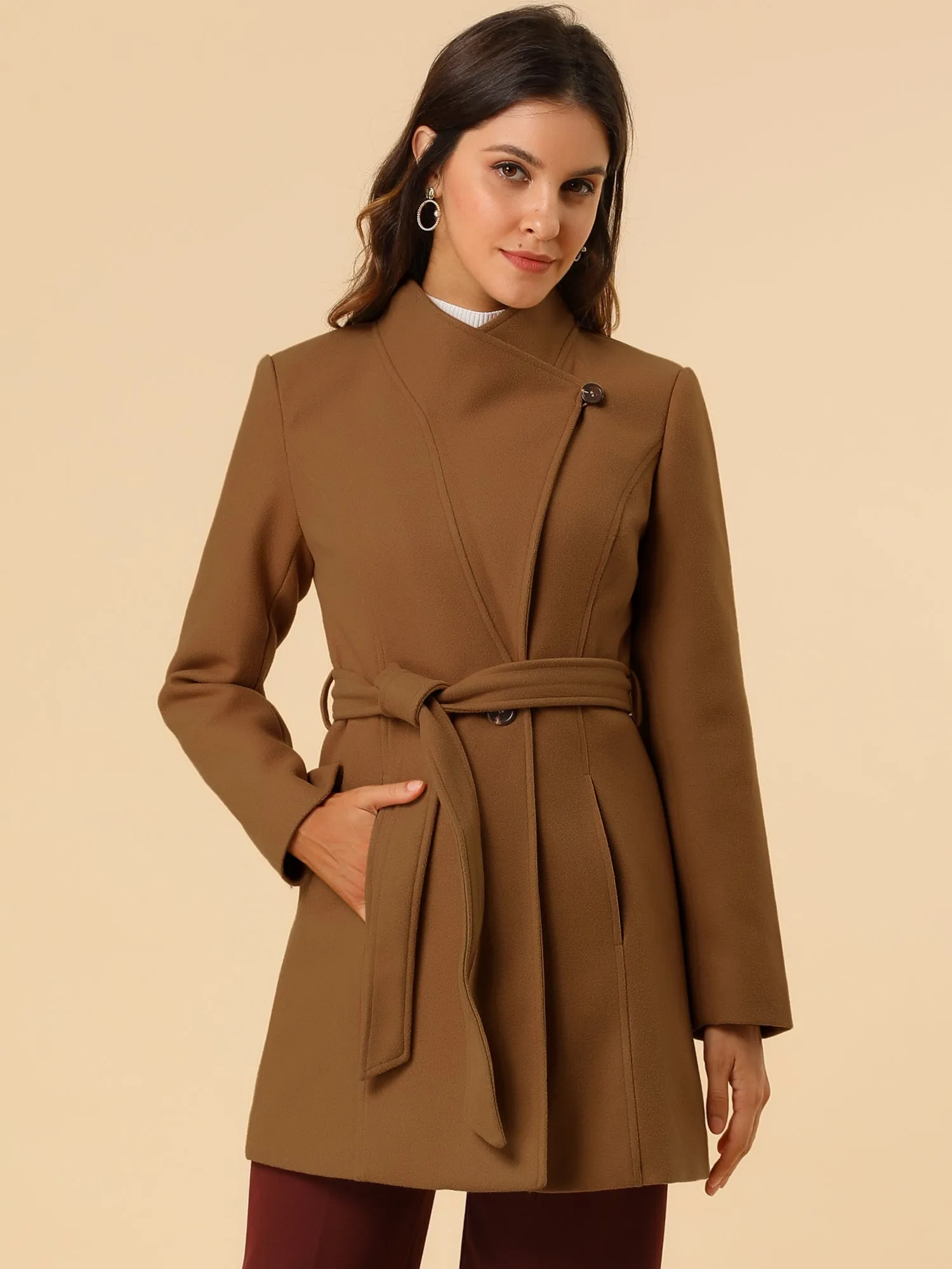 Classic Stand Collar Long Sleeve Winter Belted Coat