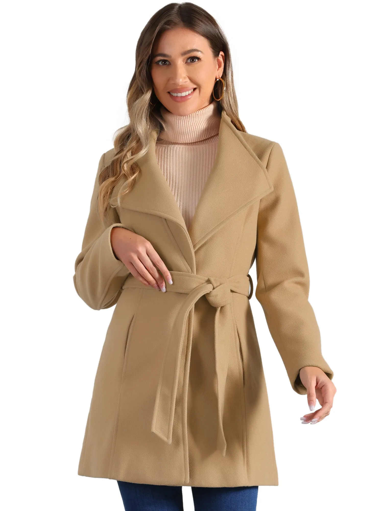 Classic Stand Collar Long Sleeve Winter Belted Coat