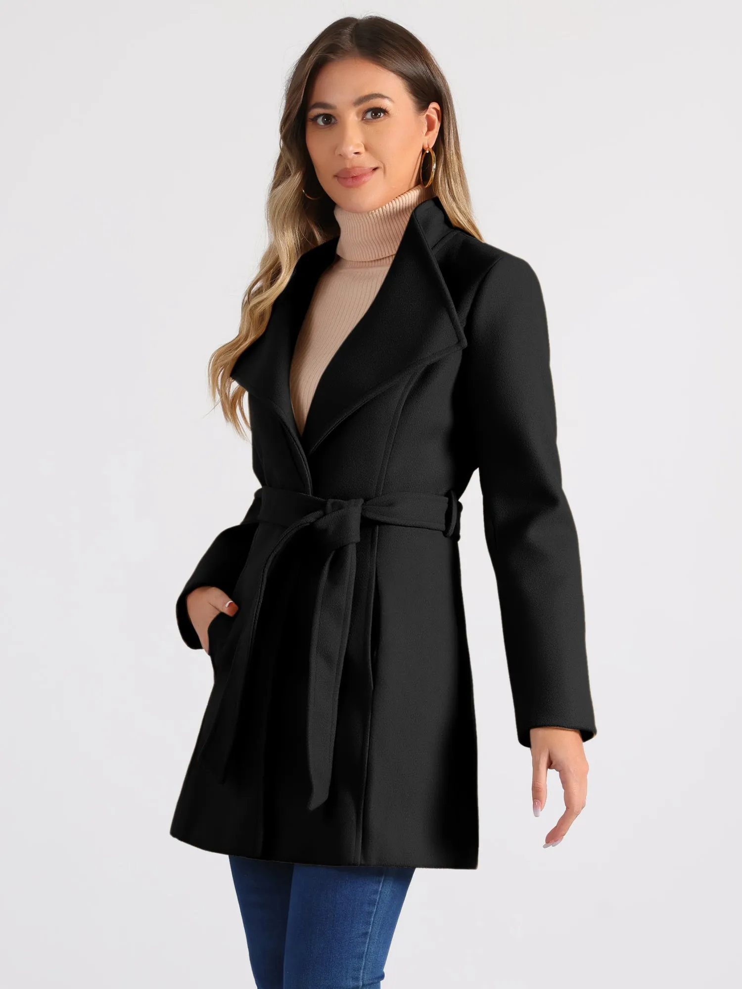 Classic Stand Collar Long Sleeve Winter Belted Coat