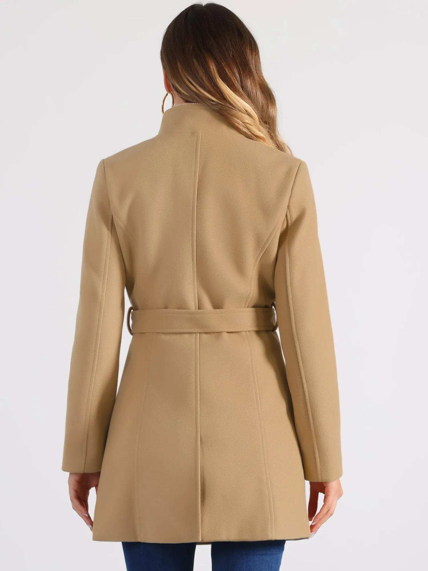 Classic Stand Collar Long Sleeve Winter Belted Coat